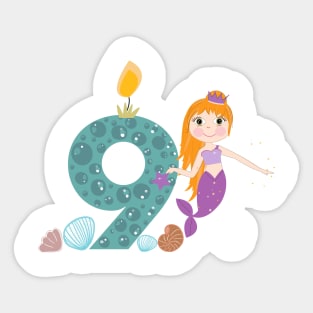 Cute little mermaid nine birthday Sticker